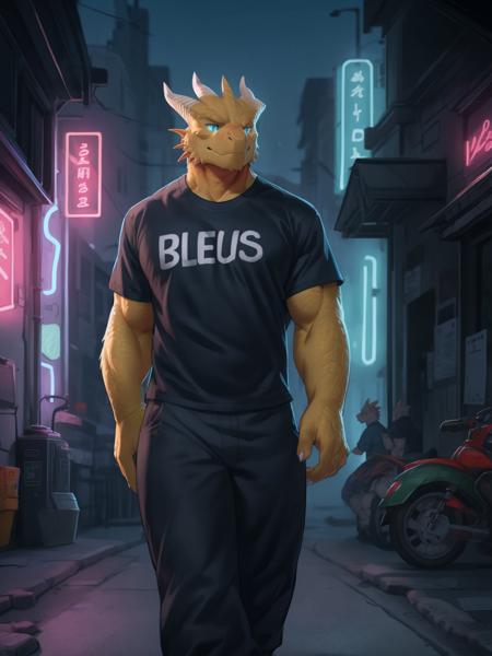 31872-2898117598-hi res, dragonborn _(dnd_), (yellow body), blue eyes, male, (fins), t-shirt, fully clothed, room, (cyberpunk), street, neon  lig.png